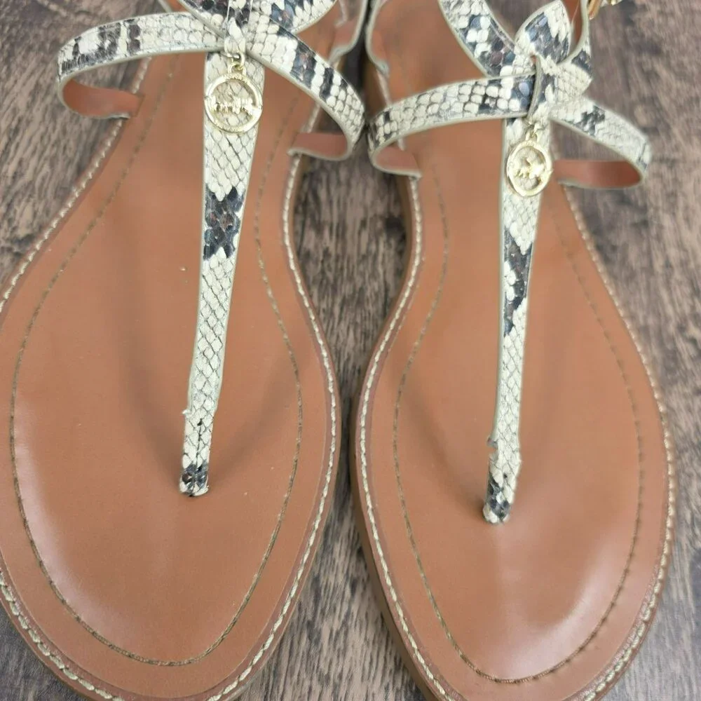 Coach Lydia T Strap Sandals 11 Snake Print Ankle Buckle Logo Strappy Flat Beachy
